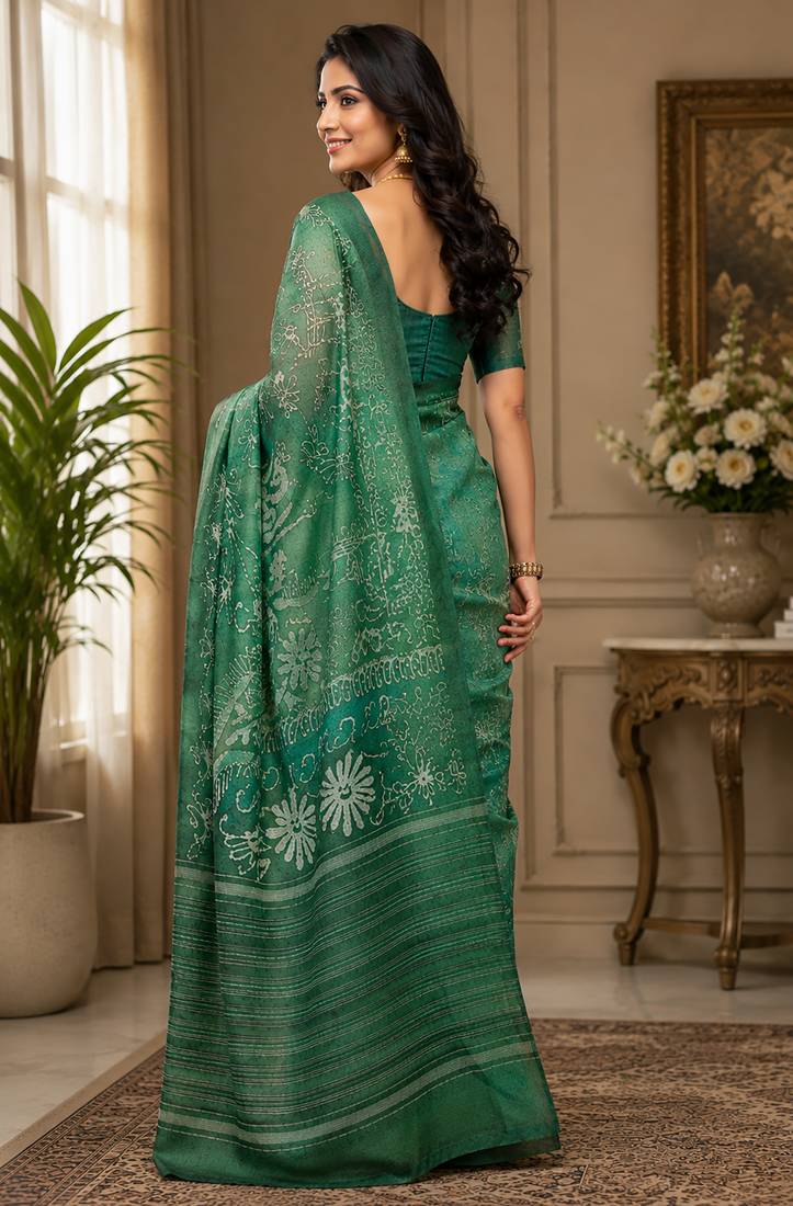 forest green chanderi cotton batik style printed pre draped saree
