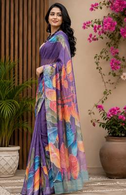 purple chanderi cotton multicolor leaf printed ready made saree 2