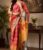red & orange chanderi cotton floral motifs printed pre-stitched saree