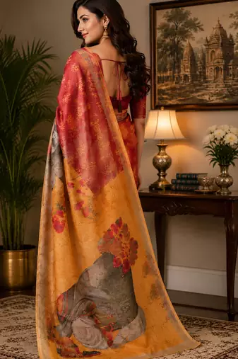 red & orange chanderi cotton floral motifs printed pre-stitched saree