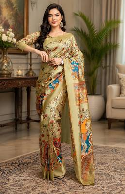 ivory chanderi cotton kalamkari printed ready to wear saree 1