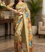 ivory chanderi cotton kalamkari printed ready to wear saree