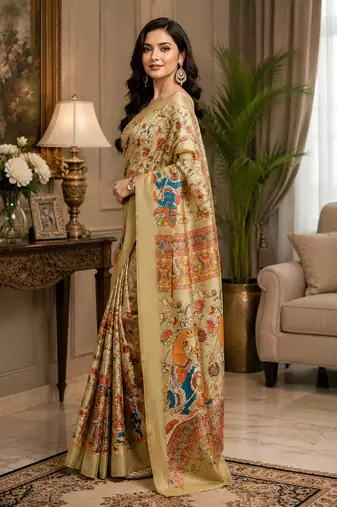 ivory chanderi cotton kalamkari printed ready to wear saree