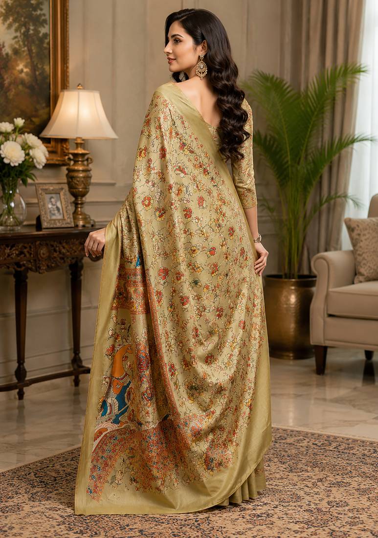 ivory chanderi cotton kalamkari printed ready to wear saree