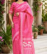 baby pink chanderi cotton bandhani printed pre draped saree