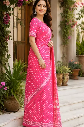 baby pink chanderi cotton bandhani printed pre draped saree