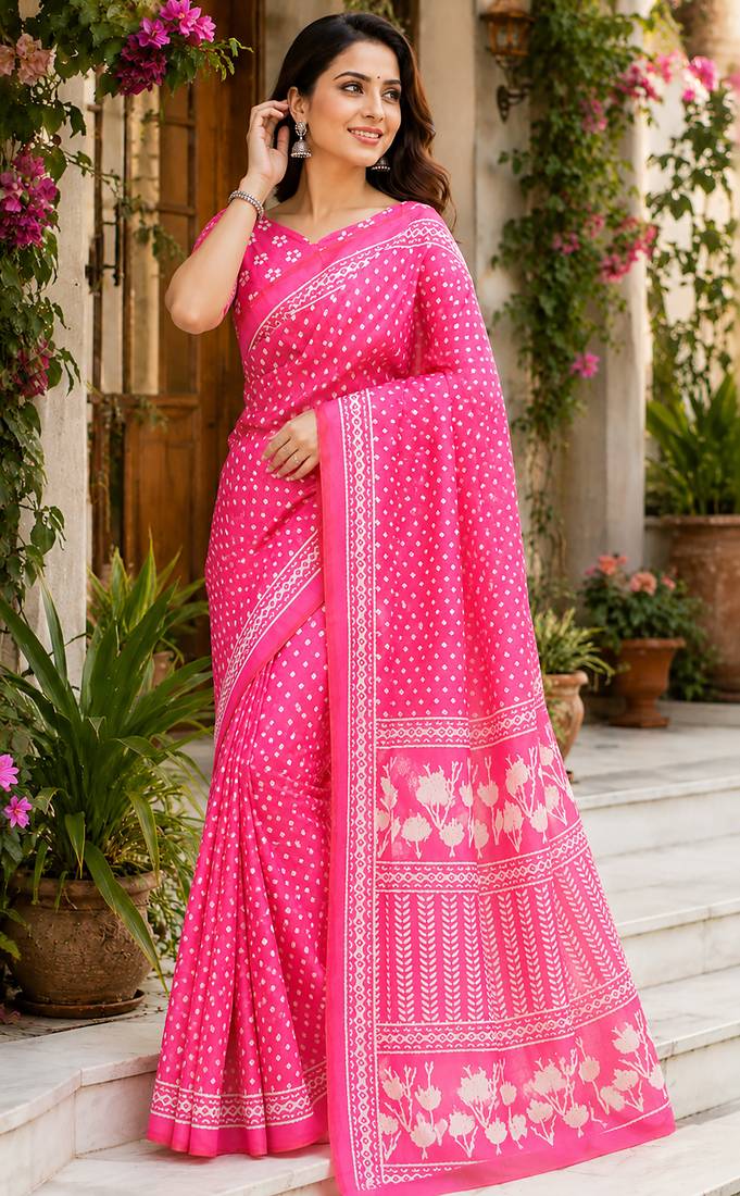 baby pink chanderi cotton bandhani printed pre draped saree