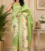 light green chanderi cotton tribal folk art printed ready made saree