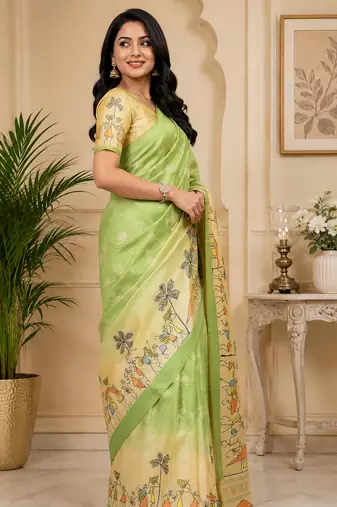 light green chanderi cotton tribal folk art printed ready made saree