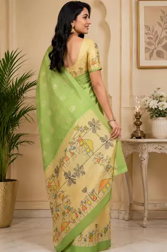 light green chanderi cotton tribal folk art printed ready made saree