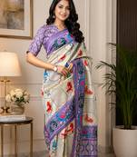 cream & lavender chanderi cotton bird motifs printed pre-stitched saree