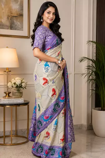 cream & lavender chanderi cotton bird motifs printed pre-stitched saree
