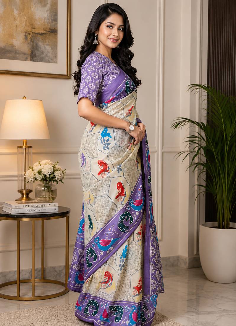 cream & lavender chanderi cotton bird motifs printed pre-stitched saree
