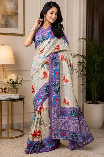 cream & lavender chanderi cotton bird motifs printed pre-stitched saree
