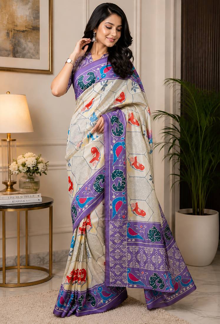 cream & lavender chanderi cotton bird motifs printed pre-stitched saree