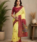 yellow & maroon chanderi cotton bomkei printed ready to wear saree