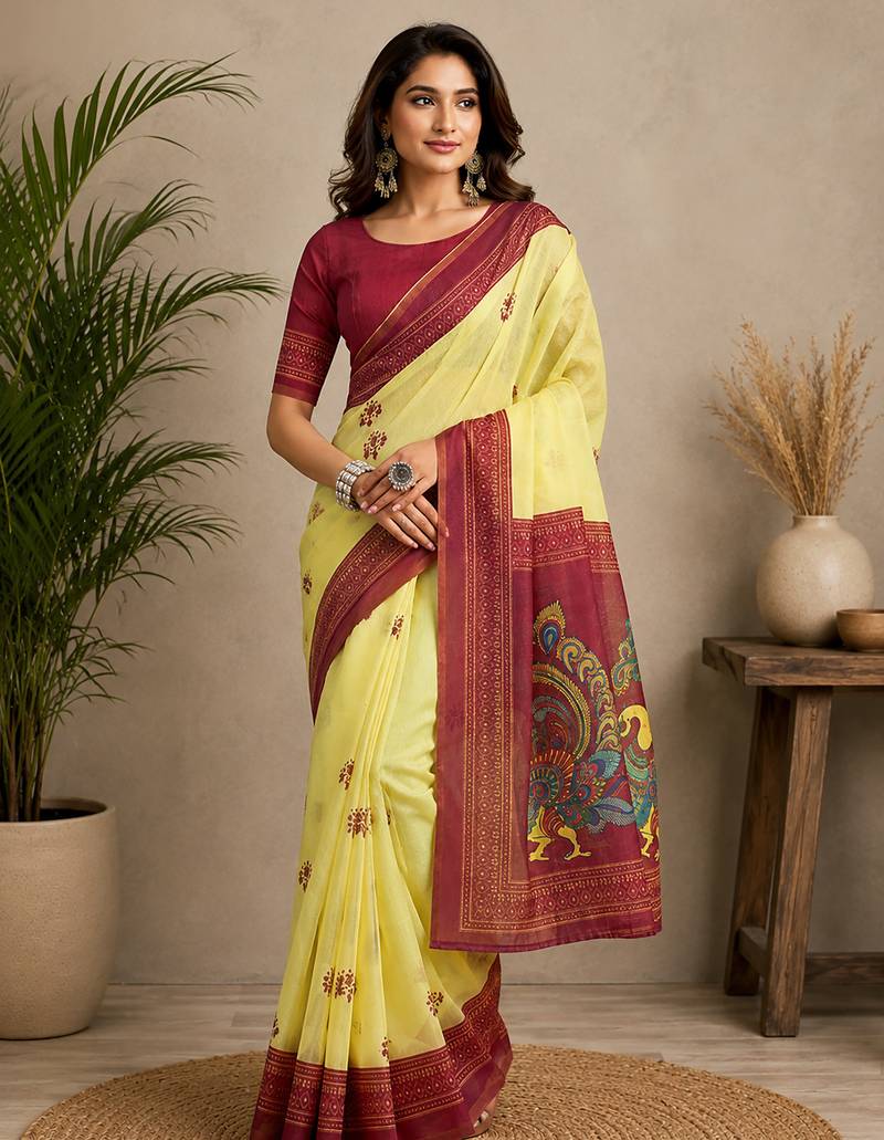 yellow & maroon chanderi cotton bomkei printed ready to wear saree