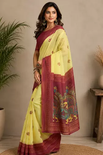 yellow & maroon chanderi cotton bomkei printed ready to wear saree
