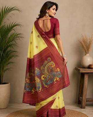 yellow & maroon chanderi cotton bomkei printed ready to wear saree 3