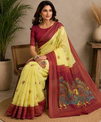 yellow & maroon chanderi cotton bomkei printed ready to wear saree 4