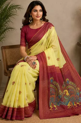 yellow & maroon chanderi cotton bomkei printed ready to wear saree