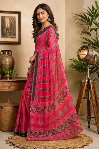 pink chanderi cotton ajrakh print printed pre draped saree