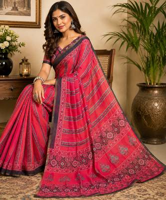 pink chanderi cotton ajrakh print printed pre draped saree 4