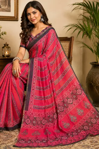 pink chanderi cotton ajrakh print printed pre draped saree