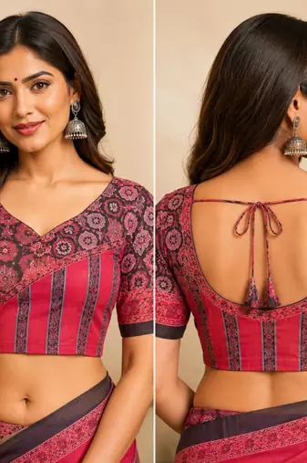pink chanderi cotton ajrakh print printed pre draped saree