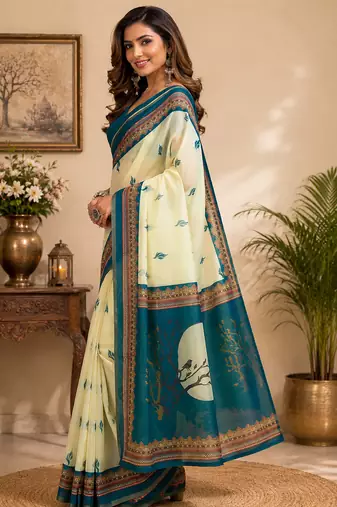 cream chanderi cotton ajrakh print printed ready made saree