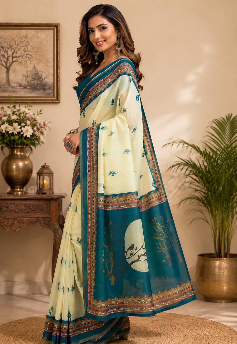 cream chanderi cotton ajrakh print printed ready made saree