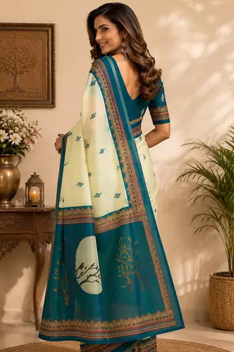 cream chanderi cotton ajrakh print printed ready made saree