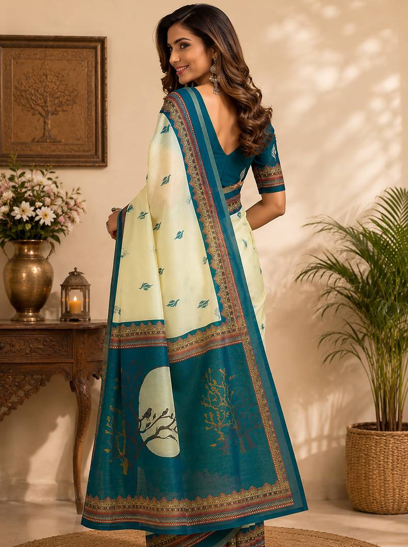 cream chanderi cotton ajrakh print printed ready made saree