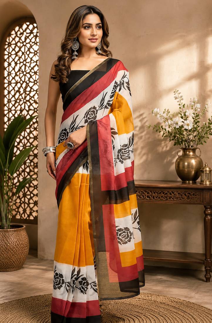 multicolor chanderi cotton floral roses printed pre-stitched saree