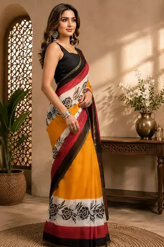 multicolor chanderi cotton floral roses printed pre-stitched saree