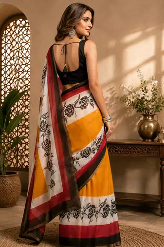 multicolor chanderi cotton floral roses printed pre-stitched saree