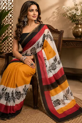 multicolor chanderi cotton floral roses printed pre-stitched saree