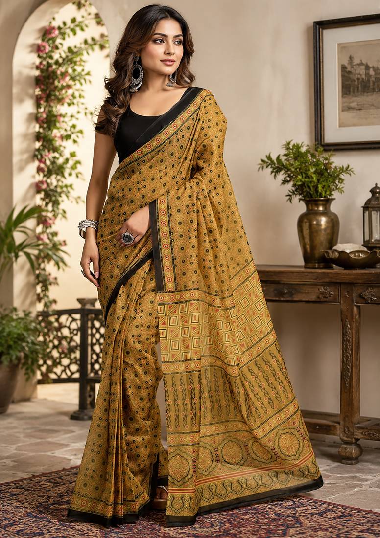mustard chanderi cotton kalamkari printed ready to wear saree