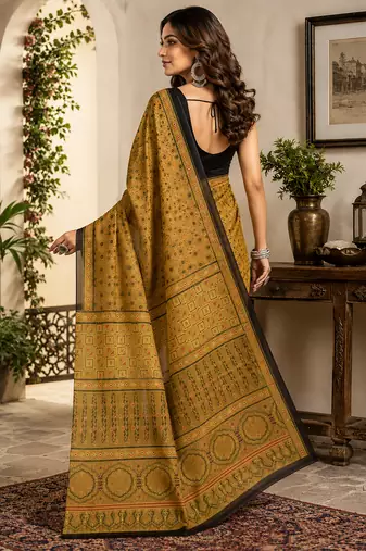 mustard chanderi cotton kalamkari printed ready to wear saree