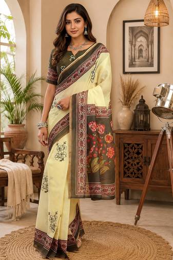cream chanderi cotton black floral vine prints printed pre draped saree