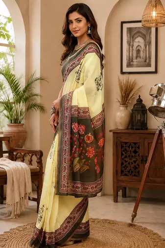 cream chanderi cotton black floral vine prints printed pre draped saree