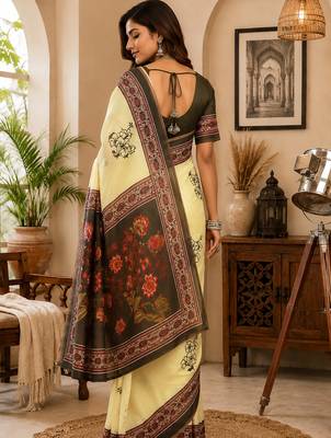 cream chanderi cotton black floral vine prints printed pre draped saree 3