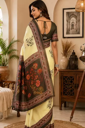 cream chanderi cotton black floral vine prints printed pre draped saree