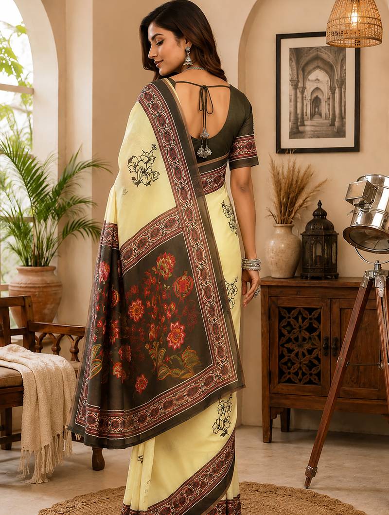 cream chanderi cotton black floral vine prints printed pre draped saree
