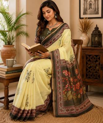 cream chanderi cotton black floral vine prints printed pre draped saree 4