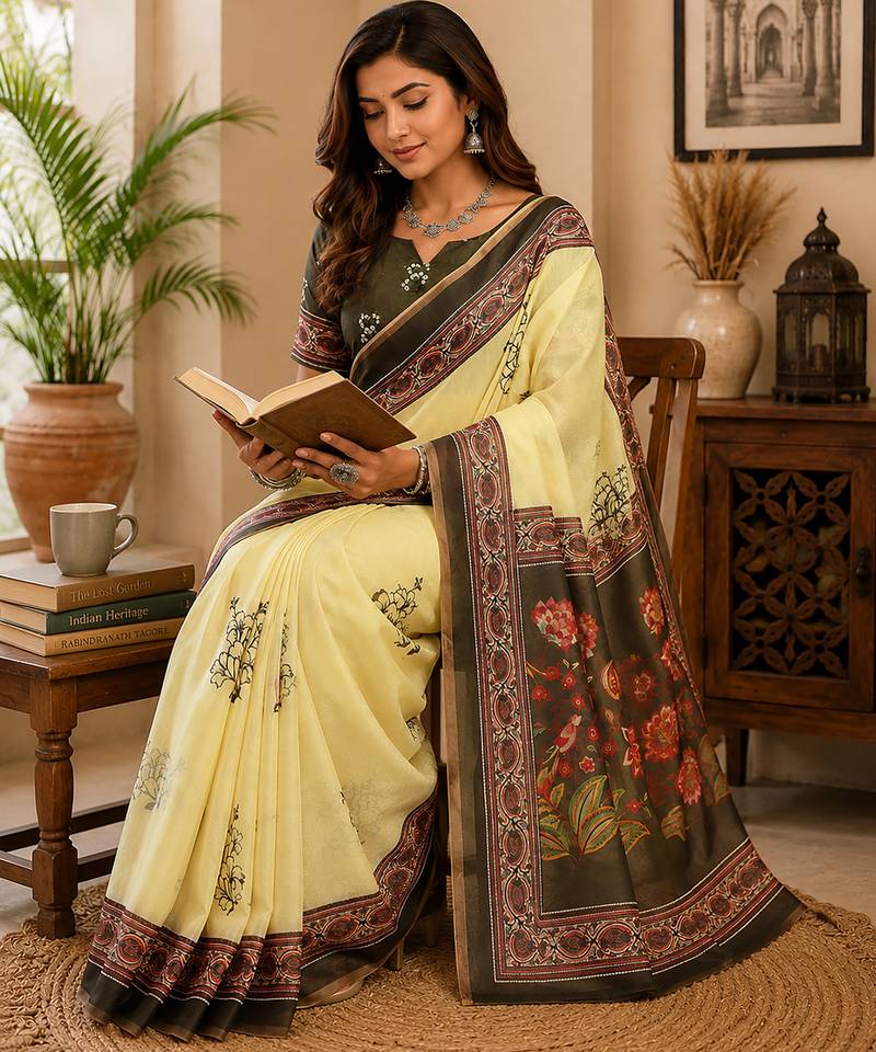 cream chanderi cotton black floral vine prints printed pre draped saree