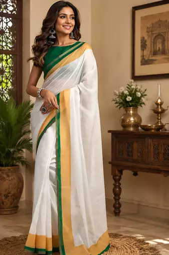 white chanderi cotton kerala kasavu printed ready made saree