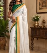 white chanderi cotton kerala kasavu printed ready made saree