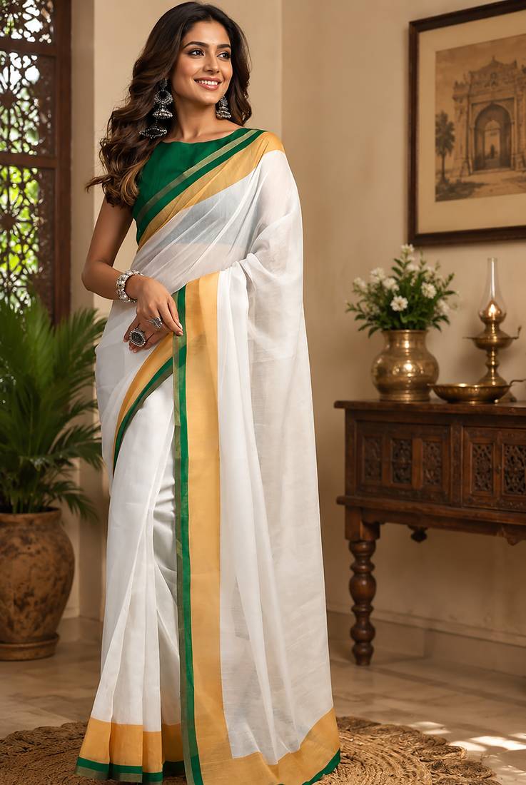 white chanderi cotton kerala kasavu printed ready made saree