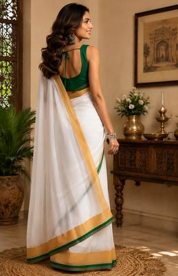 white chanderi cotton kerala kasavu printed ready made saree 3